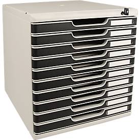 Schubladenbox MODULO, Format A4+, 10 abschließbare Schübe, geschlossen, Griffmulde & Etikettenhalter, 2 Schlüssel, Kunststoff, grau