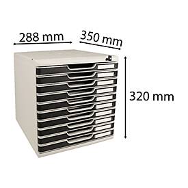Schubladenbox MODULO, Format A4+, 10 abschließbare Schübe, geschlossen, Griffmulde & Etikettenhalter, 2 Schlüssel, Kunststoff, grau