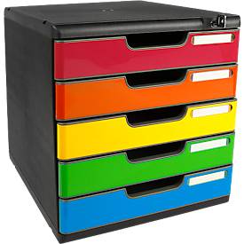 Schubladenbox MODULO, Format A4+, 5 abschließbare Schübe, geschlossen, Griffmulde & Etikettenhalter, 2 Schlüssel, Blauer