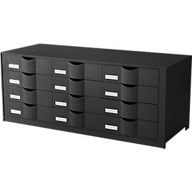 Schubladenbox Paperflow, Format A4, 12 Schübe mit geschlossener Front, Griffmulde & Etikettenhalter, Etiketten, B 857 x T 342 x H 350 mm, PS, schwarz