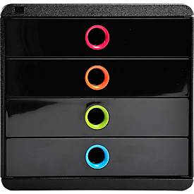 Schubladenbox POP-BOX Schwarz/Harlekin, 4 geschlossene Laden, A4/A4+/24x32 cm, leise, Sicherheitsstopp