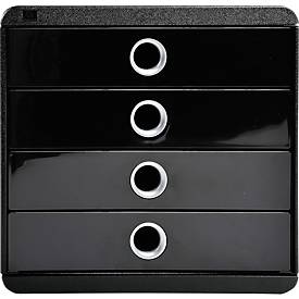 Schubladenbox POP-BOX Schwarz/Silber, 4 geschlossene Laden, A4/A4+/24x32 cm, leise, Sicherheitsstopp