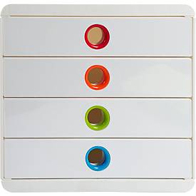 Schubladenbox POP-BOX Weiß/Harlekin, 4 geschlossene Laden, A4/A4+/24x32 cm, leise, Sicherheitsstopp