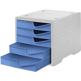 Schubladenbox styro® styroswing, 5 Schübe, Auszugsperre & Griffmulde, stapelbar, B 270 x T 340 x H 255 mm, Polystyrol, grau-cornflower