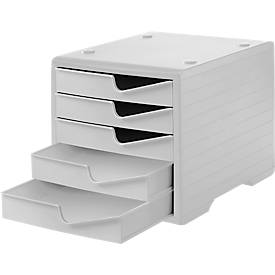 Schubladenbox styro® styroswing, 5 Schübe, Auszugsperre & Griffmulde, stapelbar, B 270 x T 340 x H 255 mm, Polystyrol, grau-grau