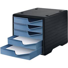 Schubladenbox styro® styroswing, 5 Schübe, Auszugsperre & Griffmulde, stapelbar, B 270 x T 340 x H 255 mm, Polystyrol, schwarz-taubenblau