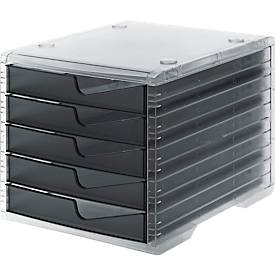 Schubladenbox styro® styroswing light, 5 Schübe, Auszugsperre & Griffmulde, stapelbar, B 270 x T 340 x H 255 mm, Polystyrol, transparent-anthrazit