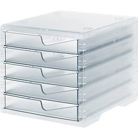 Schubladenbox styro® styroswing light, 5 Schübe, Auszugsperre & Griffmulde, stapelbar, B 270 x T 340 x H 255 mm, Polystyrol, transparent-transparent