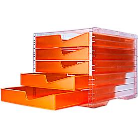 Schubladenbox styro® styroswing NEONline, 5 Schübe, Auszugsperre & Griffmulde, stapelbar, B 270 x T 340 x H 255 mm, Polystyrol, transparent-neonorange