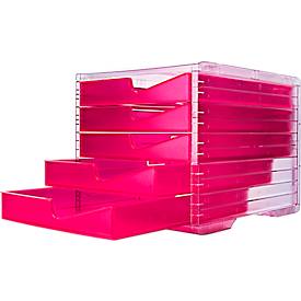 Schubladenbox styro® styroswing NEONline, 5 Schübe, Auszugsperre & Griffmulde, stapelbar, B 270 x T 340 x H 255 mm, Polystyrol, transparent-neonpink