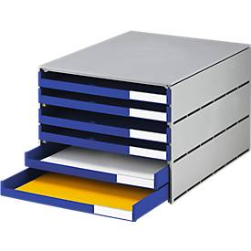 Schubladenbox Styro Styroval, für Formate bis C4, 6 offene Schübe, Recyclingmaterial, blau/grau