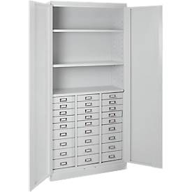 Schubladenschrank ADB, 27 Schubladen, 3 Ablageböden, 2-Punkt-Verriegelung, Stahl, B 800 x T 410 x H 1790 mm, lichtgrau RAL 7035