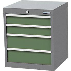 Schubladenschrank Bedrunka+Hirth, 2 x Schub breit & 2 x Schub schmal, abschließbar, bis 1200 kg, B 530 x T 500 x H 619 mm, Stahlblech
