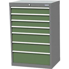 Schubladenschrank Bedrunka+Hirth, 7 Schübe, abschließbar, bis 1200 kg, inkl. 48-teiligem Schubeinteilungsset, B 680 x T 500 x H 1019 mm, Stahlblech
