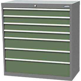 Schubladenschrank Bedrunka+Hirth, 7 Schübe, abschließbar, bis 1200 kg, inkl. 57-teiligem Schubeinteilungsset, B 980 x T 500 x H 1019 mm, Stahlblech