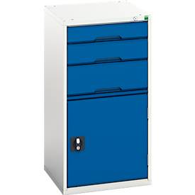 Schubladenschrank Bott verso, 3 Schübe und 1 Flügeltür, abschließbar, bis 1000 kg, B 525 x T 550 x H 1000 mm, Stahlblech, lichtgrau/enzianblau