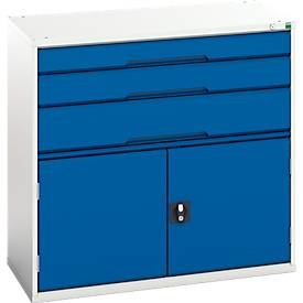 Schubladenschrank Bott verso, 3 Schübe und 2 Flügeltüren, abschließbar, bis 1000 kg, B 1050 x T 550 x H 1000 mm, Stahlblech, lichtgrau/enzianblau