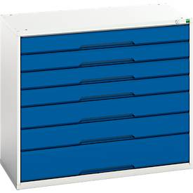 Schubladenschrank Bott verso, 7 Schübe, abschließbar, bis 1000 kg, B 1050 x T 550 x H 900 mm, Stahlblech, lichtgrau/enzianblau