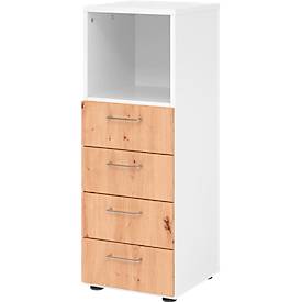 Schubladenschrank Breno, 4 Schübe, 1 Fach, Metallgriffe, B 400 x T 420 x H 1100 mm, weiß/Asteiche