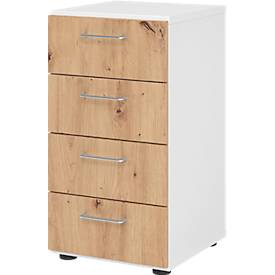 Schubladenschrank Breno, 4 Schübe, Metallgriffe, B 400 x T 420 x H 748 mm, weiß/Asteiche