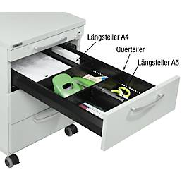 Schubladenunterteilung für Rollcontainer 1333, L 210 mm, A5, Längsteiler, nur in Verbindung mit 330 mm langer Unterteilung verwendbar, Metall, schwarz