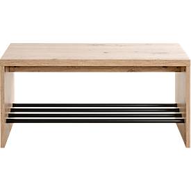 Schuhbank HAKU, für bis zu 3 Paar Schuhe, Gesamttragkraft 85 kg, B 800 x T 300 x H 400 mm, Stahl/Holz, schwarz/helles Eiche-Dekor