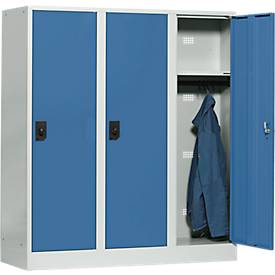 Schulspind, Abteilbreite 400 mm, 3 Abteile, lichtgrau/brillantblau