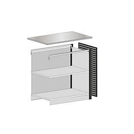 Schulte Lagertechnik Endmodul für erweiterbares Thekensystem MULTIplus, 1 Modulrahmen, 1 Abschlussblende, Breite Aufsatz 806 mm, mit Arbeitsplatte