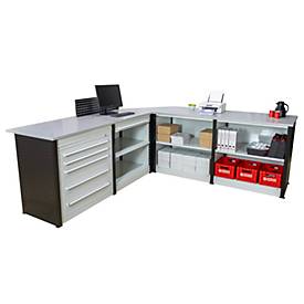 Schulte Lagertechnik Endmodul für erweiterbares Thekensystem MULTIplus, 1 Modulrahmen, 1 Abschlussblende, Breite Aufsatz 806 mm, mit Arbeitsplatte
