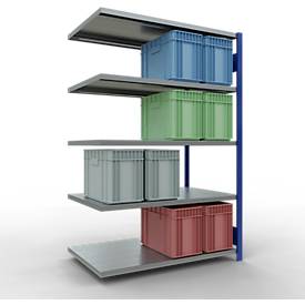 SCHULTE Lagertechnik Fachbodenregal - Stecksystem MULTIplus 250, Anbauregal, Längenriegel, 2000x1300x800 mm, 5 Böden, enzianblau/verzinkt