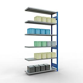 SCHULTE Lagertechnik Fachbodenregal - Stecksystem MULTIplus 250, Anbauregal, Längenriegel, 2500x1300x400 mm, 6 Böden, enzianblau/verzinkt