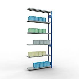 SCHULTE Lagertechnik Fachbodenregal - Stecksystem MULTIplus 250, Anbauregal, Längenriegel, 3000x1300x300 mm, 7 Böden, enzianblau/verzinkt