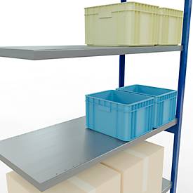 SCHULTE Lagertechnik Fachbodenregal - Stecksystem MULTIplus 250, Anbauregal, Längenriegel, 3000x1300x600 mm, 7 Böden, enzianblau/verzinkt