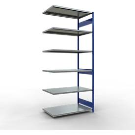 SCHULTE Lagertechnik Fachbodenregal - Stecksystem MULTIplus 250, Anbauregal, Längenriegel, 3000x1300x800 mm, 7 Böden, enzianblau/verzinkt