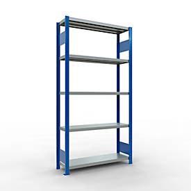 Schulte Lagertechnik Fachbodenregal-Stecksystem MULTIplus 250, Grundregal, Längenriegel, 2000x1000x300 mm, 5 Böden, enzianblau/verzinkt