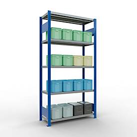 Schulte Lagertechnik Fachbodenregal-Stecksystem MULTIplus 250, Grundregal, Längenriegel, 2000x1000x400 mm, 5 Böden, enzianblau/verzinkt