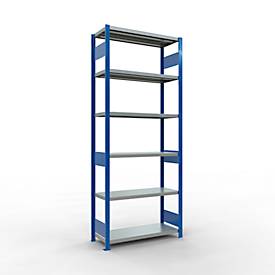 Schulte Lagertechnik Fachbodenregal-Stecksystem MULTIplus 250, Grundregal, Längenriegel, 2500x1000x400 mm, 6 Böden, enzianblau/verzinkt