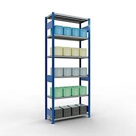 Schulte Lagertechnik Fachbodenregal-Stecksystem MULTIplus 250, Grundregal, Längenriegel, 2500x1000x400 mm, 6 Böden, enzianblau/verzinkt