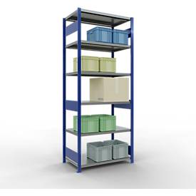 Schulte Lagertechnik Fachbodenregal-Stecksystem MULTIplus 250, Grundregal, Längenriegel, 2500x1000x600 mm, 6 Böden, enzianblau/verzinkt