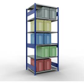 Schulte Lagertechnik Fachbodenregal-Stecksystem MULTIplus 250, Grundregal, Längenriegel, 2500x1000x800 mm, 6 Böden, enzianblau/verzinkt