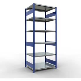 Schulte Lagertechnik Fachbodenregal-Stecksystem MULTIplus 250, Grundregal, Längenriegel, 2500x1000x800 mm, 6 Böden, enzianblau/verzinkt