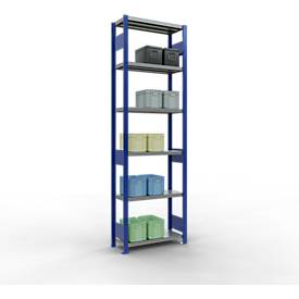 Schulte Lagertechnik Fachbodenregal-Stecksystem MULTIplus 250, Grundregal, Längenriegel, 2500x750x300 mm, 6 Böden, enzianblau/verzinkt