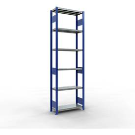 Schulte Lagertechnik Fachbodenregal-Stecksystem MULTIplus 250, Grundregal, Längenriegel, 2500x750x300 mm, 6 Böden, enzianblau/verzinkt