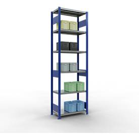 Schulte Lagertechnik Fachbodenregal-Stecksystem MULTIplus 250, Grundregal, Längenriegel, 2500x750x400 mm, 6 Böden, enzianblau/verzinkt