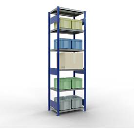 Schulte Lagertechnik Fachbodenregal-Stecksystem MULTIplus 250, Grundregal, Längenriegel, 2500x750x500 mm, 6 Böden, enzianblau/verzinkt