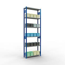 Schulte Lagertechnik Fachbodenregal-Stecksystem MULTIplus 250, Grundregal, Längenriegel, 3000x1000x300 mm, 7 Böden, enzianblau/verzinkt