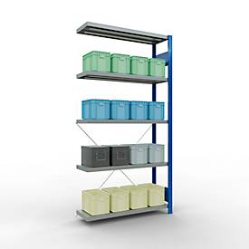 Schulte Lagertechnik Fachbodenregal Stecksystem MultiPlus250, Anbauregal, 5 Fachböden, Kreuzstrebe, B 1000 x T 300 x H 2000 mm, Enzianblau RAL 5010