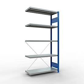 Schulte Lagertechnik Fachbodenregal Stecksystem MultiPlus250, Anbauregal, 5 Fachböden, Kreuzstrebe, B 1000 x T 400 x H 2000 mm, Enzianblau RAL 5010