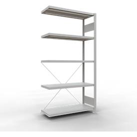 Schulte Lagertechnik Fachbodenregal Stecksystem MultiPlus250, Anbauregal, 5 Fachböden, Kreuzstrebe, B 1000 x T 400 x H 2000 mm, Lichtgrau RAL 7035