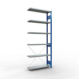 Schulte Lagertechnik Fachbodenregal Stecksystem MultiPlus250, Anbauregal, 6 Fachböden, Kreuzstrebe, B 1000 x T 300 x H 2500 mm, Enzianblau RAL 5010
